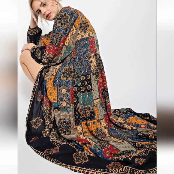 New! Easel Vintage Boho Patchwork Printed Challis Maxi Dress - Picture 2 of 5